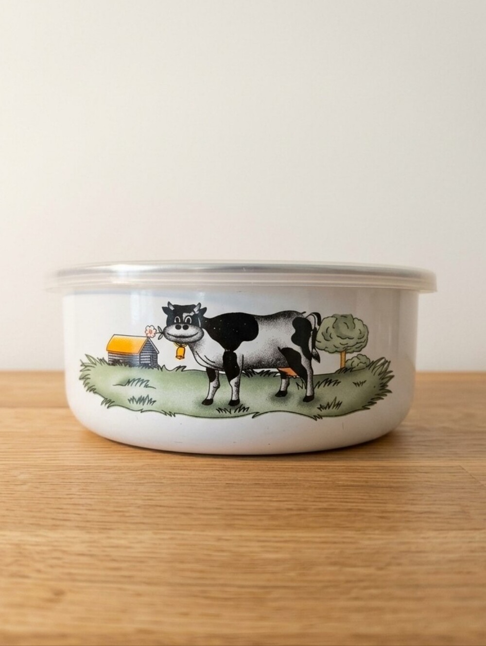 Vintage Enamelware Cow Storage Bowl with Clear Lid - Country Kitchen Decor